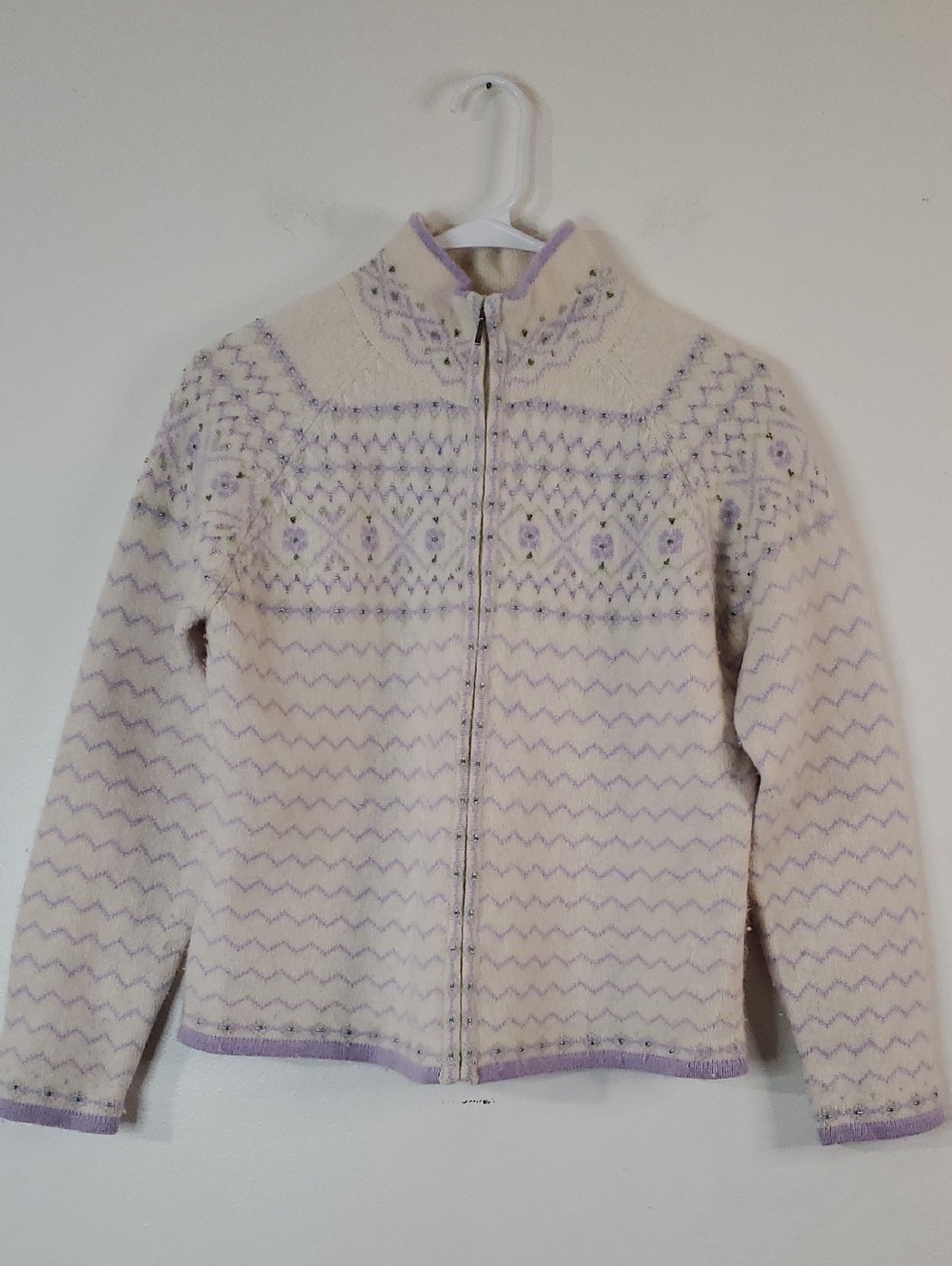 Vintage Talbots Lambs Wool Angora Rabbit Cream and Lilac Zip-Front Knit Sweater